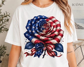 Patriotic Rose Shirt, USA Flag Rose Tee, Comfort Colors 1717 Shirt, Vintage American Graphic Tee, Fourth of July Shirt