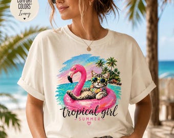 Tropical Cat Flamingo T-Shirt, Summer Beach Graphic Tee, Funny Cat Shirt, Vacation Outfit, Aesthetic Summer Top, Comfort Colors Unisex Tee