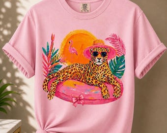 Leopard Summer Graphic T-Shirt, Beach Vibes Tee, Tropical Animal Shirt, Vacation Outfit, Coastal Aesthetic, Comfort Colors Unisex Tee