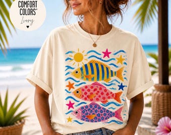 Summer Beach T Shirt Colorful Fish Graphic Cute Ocean Tee Tropical Vacation Shirt Women Gift Idea