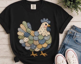 Comfort Colors Patchwork Chicken Shirt, Vintage Farmhouse Hen Tee, Cottagecore Chicken Graphic T-Shirt, Cute Rustic Gift