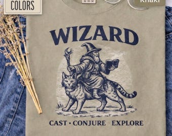 Wizard Cat T-Shirt, Vintage Fantasy Nordic Style Graphic Tee comfort color