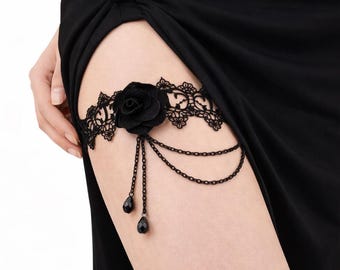Gothic Black Lace Thigh Garter Leg Chain With Rose Victorian Style Adjustable Thigh Jewelry Alt Fashion Gift For Women