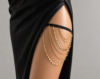 Gold Oberschenkel Kette Strumpfband - Layered Herz Charm Bein Schmuck, schwarze elastische Körperkette für Festival, Rave, Strand & Party Outfits