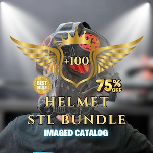 Puede incluir: Un casco negro con detalles rojos, una corona dorada y alas. La imagen incluye el texto "+100", "Best Seller", "75% OFF", "Helmet STL Bundle" e "Imaged Catalog".