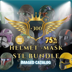 Peut inclure: Plusieurs casques et masques de couleurs variées, dont des accents verts, violets et jaunes. L'image contient le texte "+300", "75% OFF", "HELMET - MASK STL BUNDLE" et "IMAGED CATALOG".