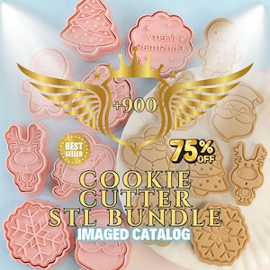 May include: A collection of pink and tan cookie cutters in various Christmas shapes, including a Christmas tree, gingerbread man, reindeer, and snowflake. The image also includes text that says "COOKIE CUTTER STL BUNDLE".
