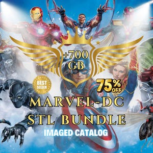 May include: A promotional image featuring Marvel and DC comic book characters. The image includes text that reads "MARVEL-DC STL BUNDLE" and "IMAGED CATALOG". A gold emblem displays "+700 GB" and "75% OFF".