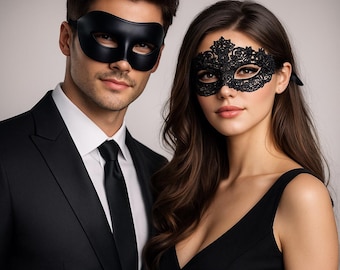 Máscara elegante de encaje negro para fiestas de pareja / Conjunto elegante para él y ella / Disfraz de encaje