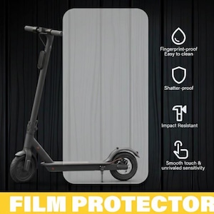 May include: A black electric scooter with a protective film overlay. The film is fingerprint-proof, easy to clean, shatter-proof, and impact-resistant. The text "FILM PROTECTOR" is at the bottom.