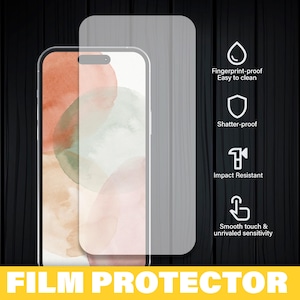 Pode incluir: Um protetor de tela de filme transparente para smartphone, com a palavra "FILM PROTECTOR" em amarelo na parte inferior. A imagem destaca recursos como à prova de impressões digitais, inquebrável e resistente a impactos. A tela do telefone exibe um design abstrato em aquarela.