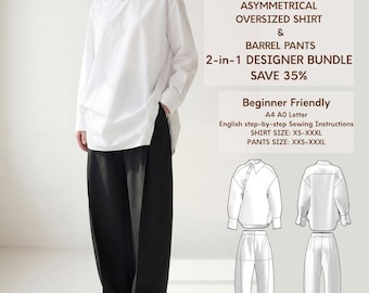 Designer Outfit Bundle PDF Avant Garde Blouse & Barrel Pants Pattern Set Modern Minimalist Capsule Wardrobe Unisex Streetwear XXS-3XL