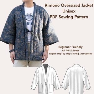 May include: A navy blue and gold wave-patterned kimono jacket with a tie closure. The image includes the text "Kimono Oversized Jacket Unisex PDF Sewing Pattern" and "Beginner Friendly". Also included are line drawings of the jacket.
