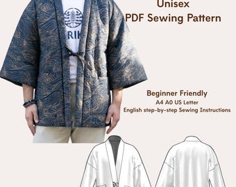 Easy Hanten Jacket PDF Sewing Pattern Spring Transition Kimono Haori Style Unisex Oversized Layer Instant Download| Unisex Cover Up