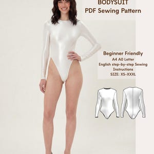 May include: A white, long-sleeved bodysuit with a high-cut leg design. The image includes the text "BODYSUIT PDF Sewing Pattern" and "Beginner Friendly" with size options XS-XXXL. The model is wearing black heels.