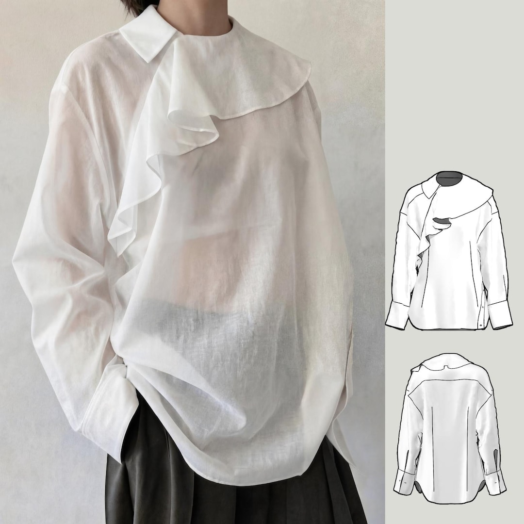 Asymmetrical Ruffle Pattern Asymmetric Ruffles Shirt for Women Sewing Pattern Avant Garde Blouse ...