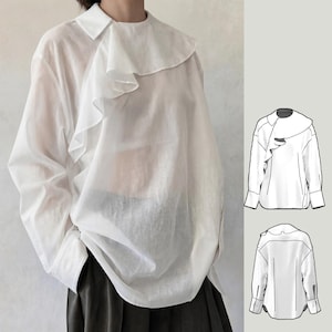 Patrón de costura para camisa asimétrica con volantes para mujer, blusa vanguardista en PDF, deconstruida, con botones, tallas XS-3XL, A0, A4, CARTA.