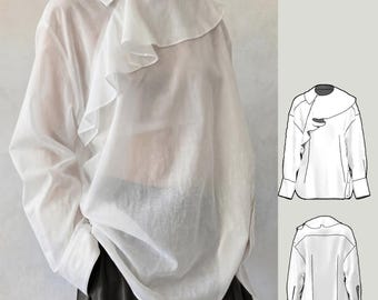 Asymmetric Ruffles Shirt for Women Sewing Pattern Avant Garde Blouse PDF Deconstructed Button Down Size XS-3XL A0 A4 LETTER