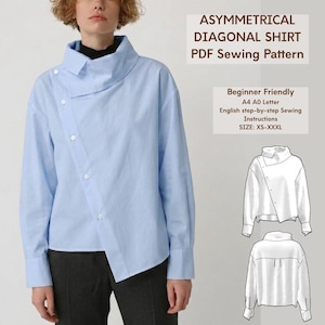 May include: A light blue asymmetrical diagonal shirt with a unique collar and button closure. The shirt is part of a PDF sewing pattern, with instructions for sizes XS-XXXL. The image also includes a line drawing of the shirt.