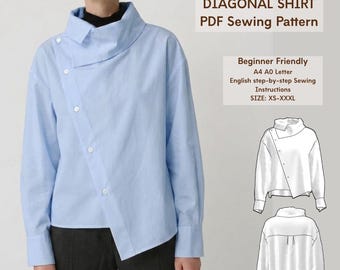 Asymmetrisches Diagonales Hemd Schnittmuster für Frauen Avantgarde Bluse Dekonstruierter Schalkragen XS-3XL (PDF-Download A0 A4 LETTER)