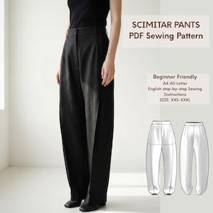 Puede incluir: Pantalones negros de cintura alta y pernera ancha, combinados con un top negro. La imagen incluye el texto "SCIMITAR PANTS PDF Sewing Pattern" y "Beginner Friendly". El patrón está disponible en tallas XXS-XXXL.