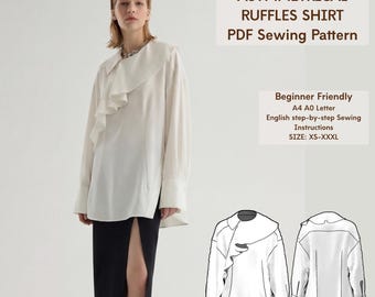 Asymmetric Ruffles Shirt for Women Sewing Pattern Avant Garde Blouse PDF Deconstructed Button Down Size XS-3XL A0 A4 LETTER