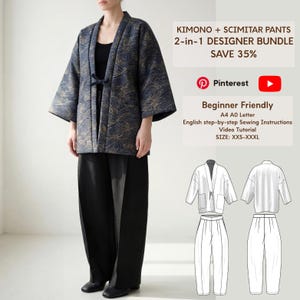 Könnte beinhalten: Ein dunkelblauer Kimono mit goldenem Wellenmuster und eine schwarze weite Hose. Der Text lautet: KIMONO + SCIMITAR PANTS 2-in-1 DESIGNER BUNDLE, Beginner Friendly, A4 A0 Letter, English step-by-step Sewing Instructions, Video Tutorial, SIZE: XXS-XXXL.