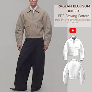 Patrón de costura en PDF para chaqueta blusón raglán, bomber minimalista con aberturas en las mangas, unisex, tallas XS-3XL, nivel intermedio-avanzado.