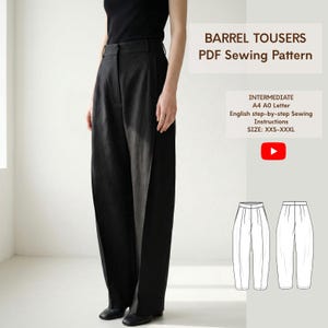 Puede incluir: Patrón de costura en PDF para pantalones tipo barril negros con diseño de cintura alta y pernera ancha. El texto incluye BARREL TOUSERS PDF Sewing Pattern, INTERMEDIATE, A4 A0 Letter, English step-by-step Sewing Instructions y SIZE: XXS-XXXL.