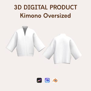 May include: A 3D digital product image of a white, oversized kimono. The image shows the front and back views of the kimono. The text at the top reads "3D DIGITAL PRODUCT Kimono Oversized".