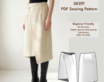Patrón de costura de falda cruzada asimétrica, patrón de falda midi con cierre de broche, falda minimalista en PDF para principiantes, descarga digital, tallas XXS-XXL.