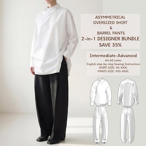 Könnte beinhalten: Ein weißes, asymmetrisches Oversized-Hemd mit langen Ärmeln und eine schwarze Barrel-Hose. Der Text lautet: ASYMMETRICAL OVERSIZED SHIRT & BARREL PANTS 2-in-1 DESIGNER BUNDLE SAVE 35%. Intermediate-Advanced A4 A0 Letter English step-by-step.