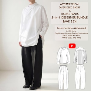 Może przedstawiać: Biała koszula oversize z długim rękawem i asymetrycznym kołnierzem oraz czarne szerokie spodnie typu barrel. Obraz zawiera tekst: ASYMMETRICAL OVERSIZED SHIRT & BARREL PANTS 2-in-1 DESIGNER BUNDLE, Intermediate-Advanced, A4 A0 Letter, English step-by-step Sewing Instructions, SHIRT SIZE: XS-XXXL, PANTS SIZE: XXS-XXXL oraz techniczne rysunki liniowe odzieży.