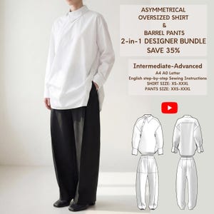 Conjunto de ropa de diseñador en formato PDF: Blusa vanguardista y pantalones tipo barril. Armario cápsula minimalista moderno unisex. Nivel intermedio-avanzado.