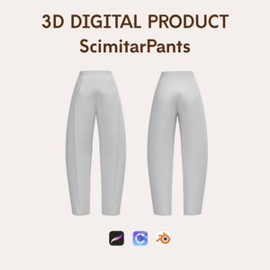 May include: A digital product image featuring two pairs of white ScimitarPants. The text "3D DIGITAL PRODUCT" and "ScimitarPants" is displayed at the top. Below are three app icons. The pants have a unique, curved design.