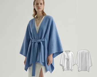 Wool Shawl Sewing Pattern Cover-Up & Open Shawl Minimalist Winter Cape, Belted Wrap Poncho (PDF Download) Detailed Instruction XXS-XXXL