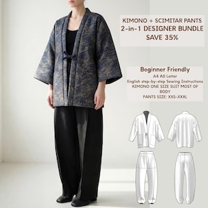Può includere: Una giacca kimono blu navy con un motivo a onde dorate, abbinata a pantaloni scimitarra neri. L'immagine include il testo "KIMONO + SCIMITAR PANTS 2-in-1 DESIGNER BUNDLE SAVE 35%" e "Beginner Friendly". Taglia pantaloni: XXS-XXXL.
