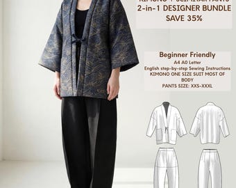 Designer Outfit Bundle PDF Hanten Kimono Jacket & Ballon Pants Pattern Set Modern Minimalist Capsule Wardrobe Unisex Streetwear XXS-3XL