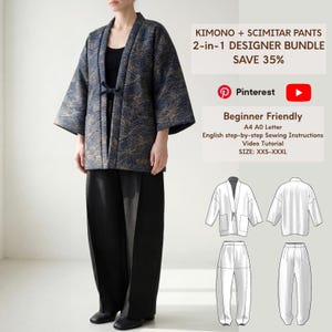 Può includere: Un kimono blu scuro con un motivo a onde dorate e pantaloni neri a gamba larga. Il testo recita: KIMONO + SCIMITAR PANTS 2-in-1 DESIGNER BUNDLE SAVE 35%, Pinterest, YouTube, Beginner Friendly, A4 A0 Letter, English step-by-step Sewing Instructions, Video Tutorial, SIZE: XXS-XXXL.