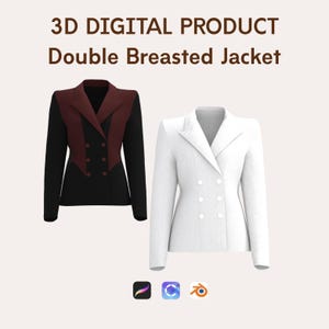 May include: 3D digital product image of two double-breasted jackets. One is black with a burgundy lapel and accents, the other is white. The jackets have a classic design with two rows of buttons. The text "3D DIGITAL PRODUCT Double Breasted Jacket" is at the top.