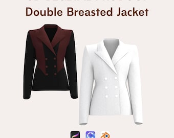 3D Double Breasted Jacket with peak lapels -Customizable Digital Virtual Garment Jacket Mock-up for Clo3D Blender Procreate