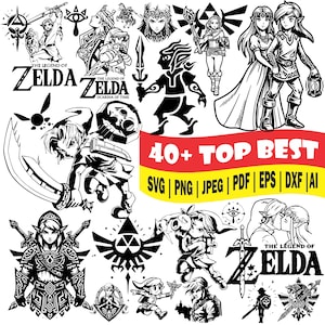 Könnte beinhalten: Schwarz-Weiß-Illustrationen von Charakteren und Symbolen aus der Videospielserie The Legend of Zelda. Enthält den Text "40+ TOP BEST" und Dateitypoptionen: SVG, PNG, JPEG, PDF, EPS, DXF und AI.