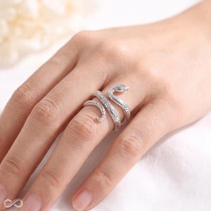 Könnte beinhalten: Ein silberfarbener Ring in Form einer gewundenen Schlange mit texturierten Schuppen, die sich um den Finger legen. Das Metall hat ein oxidiertes Finish in den Vertiefungen, um das detaillierte Muster von Körper, Kopf und Schwanz hervorzuheben.