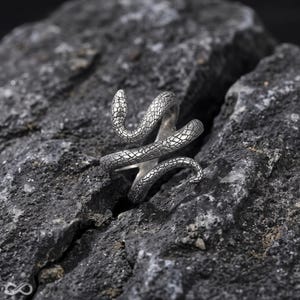 May include: A silver-toned ring shaped like a coiled snake with a textured, scale-like pattern covering the entire surface. The metal has a dark, oxidised finish in the recessed areas to highlight the intricate details of the serpent design.