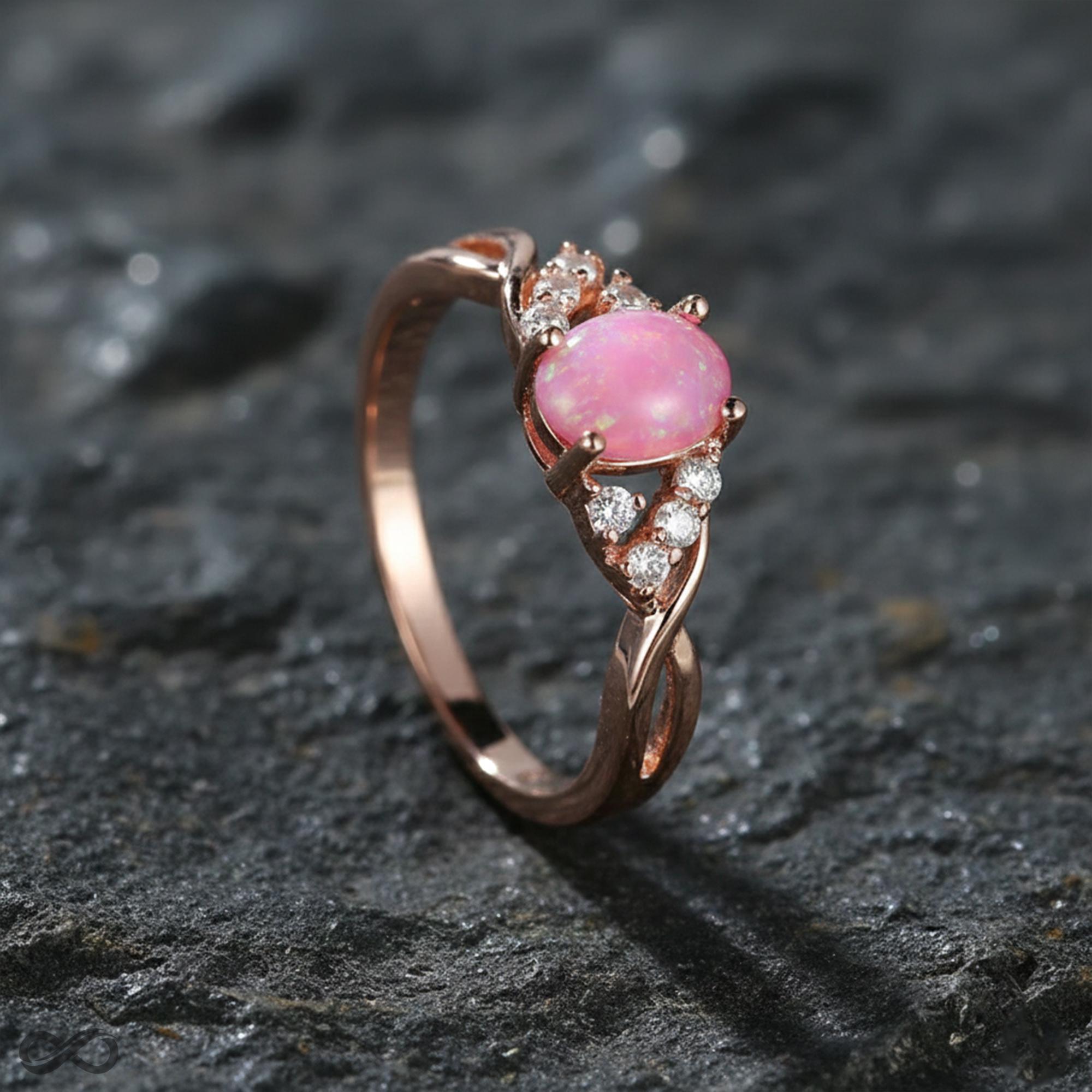 May include: Rose gold ring with a pink oval gemstone and small, sparkling accent stones. The ring has a twisted band design. Set against a dark, textured background. A delicate and elegant piece of jewellery.