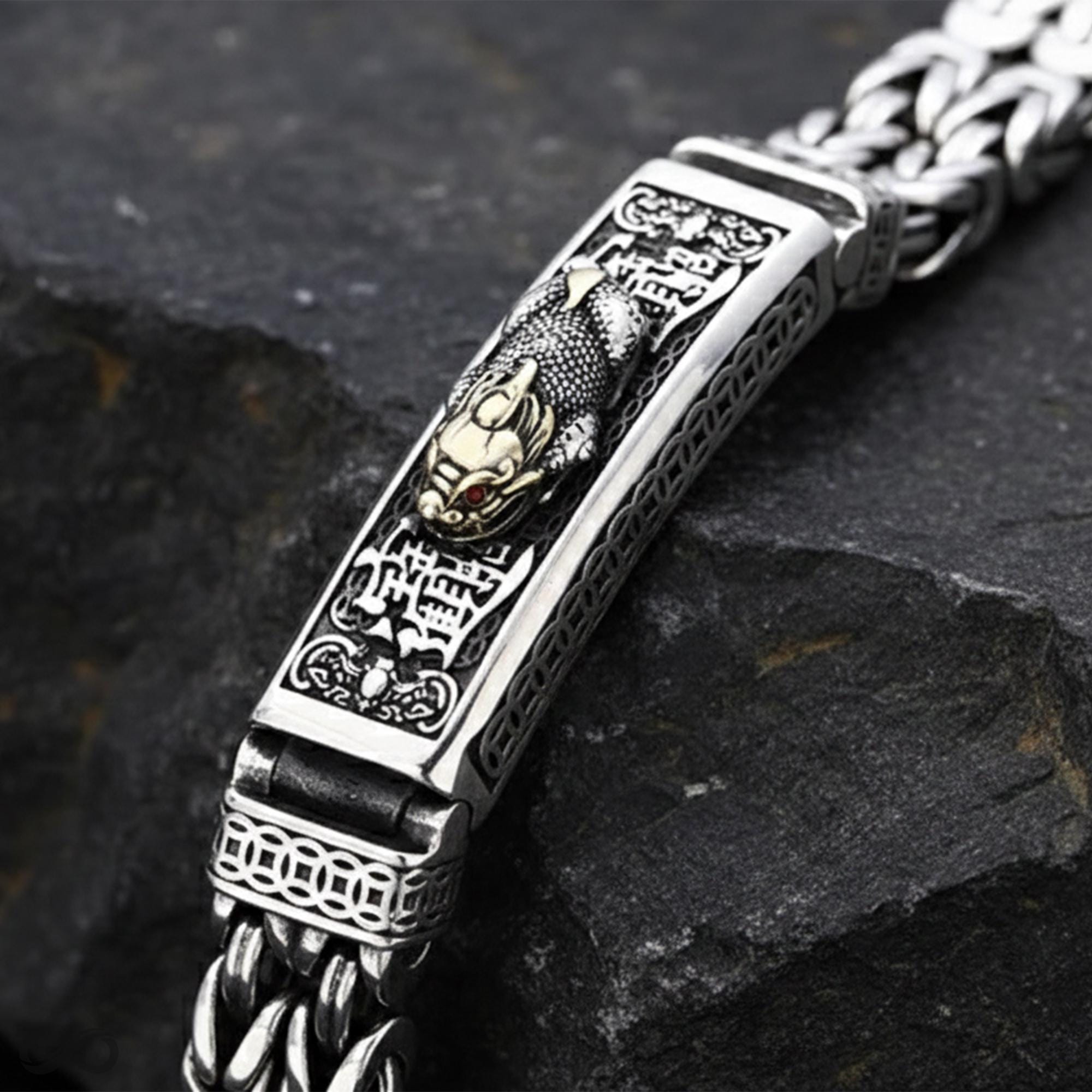 Lucky Pixiu Silver Bracelet 925 Thick Mens Wealth Feng Shui
