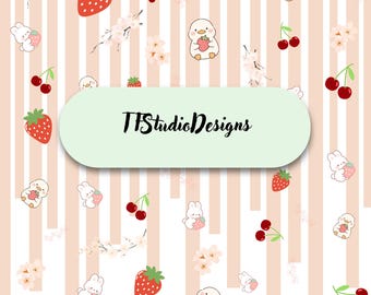 Bears strawberries cherries digital printable art pattern