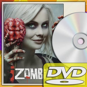 May include: DVD of the television series iZombie. The cover art features a woman with pale skin and green eyes holding a brain-shaped ice cream cone. The show's title is displayed in red and white text.