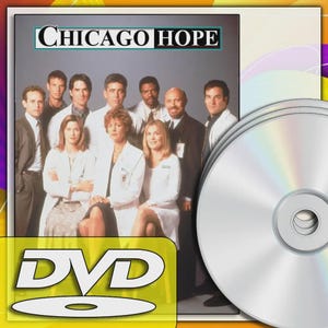 May include: DVD set of the television show "Chicago Hope." The cover features a group of actors in medical attire, with the show's title in a teal box. Several silver DVDs are stacked to the right, with a yellow "DVD" logo at the bottom.