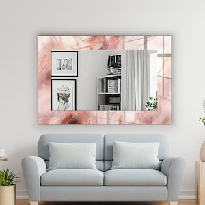 Pastel Pink Marble Tempered Glass Wall Mirror: Bathroom Vanity Decor, Multiple Shape & Size Options